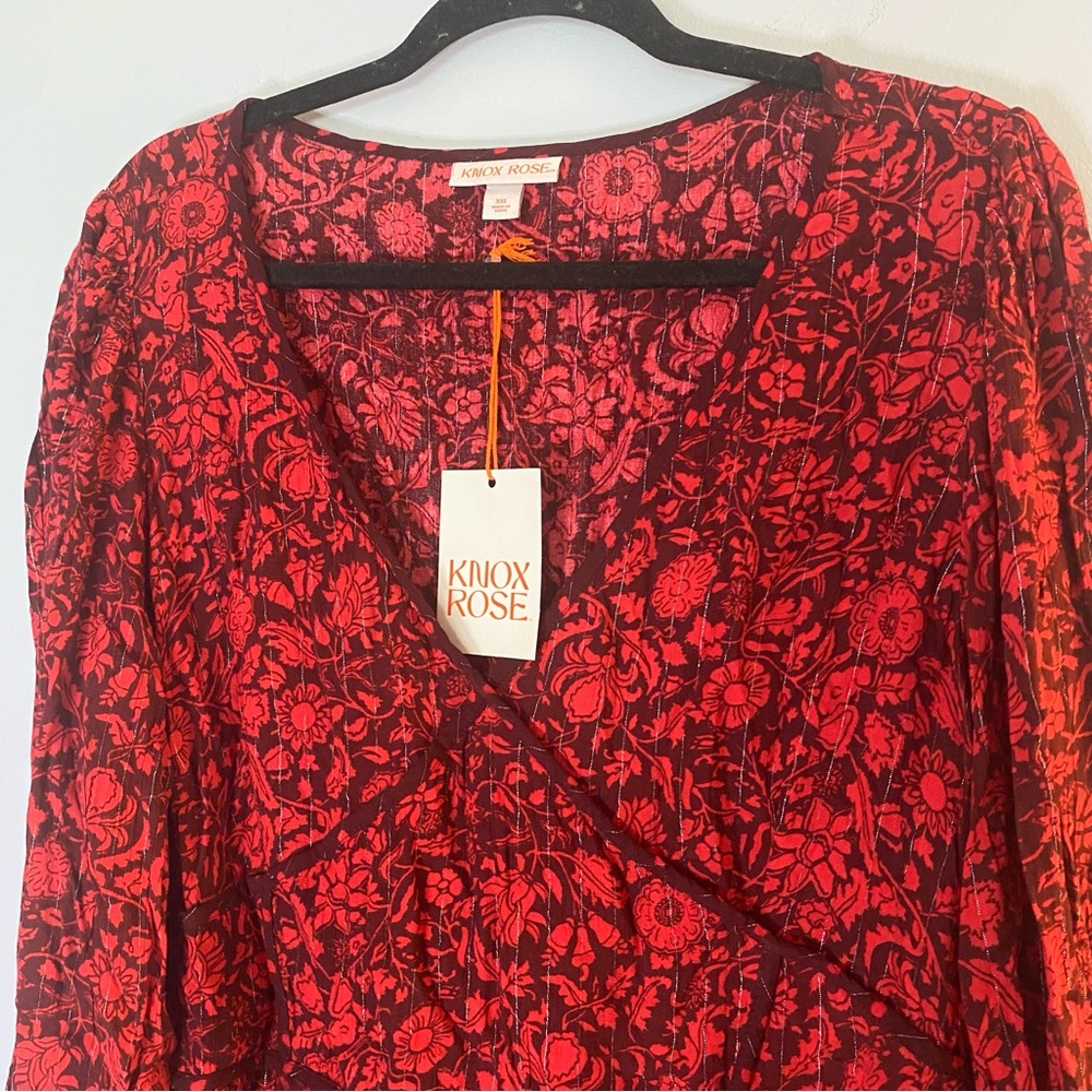 Knox Rose Red Floral Peplum Blouse Long Sleeve Balloon Size XXL - Picture 4 of 11